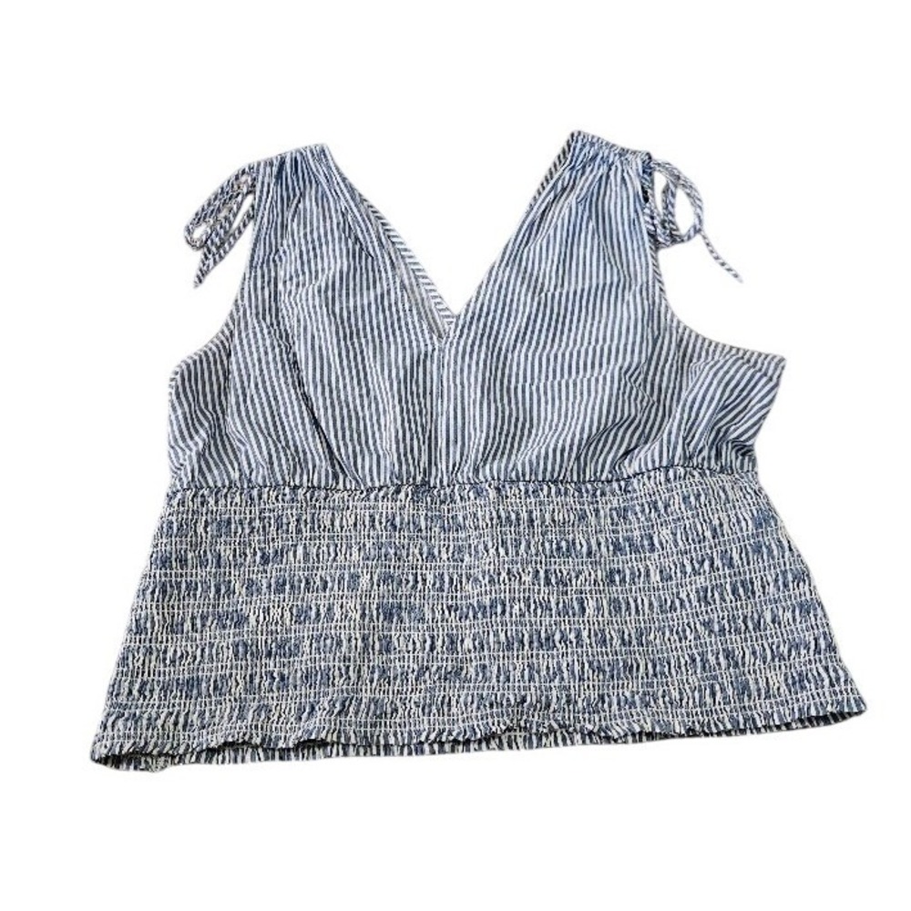Old Navy Womens XL Blue White Striped Smocked V-Neck Tie Shoulder Tank Top